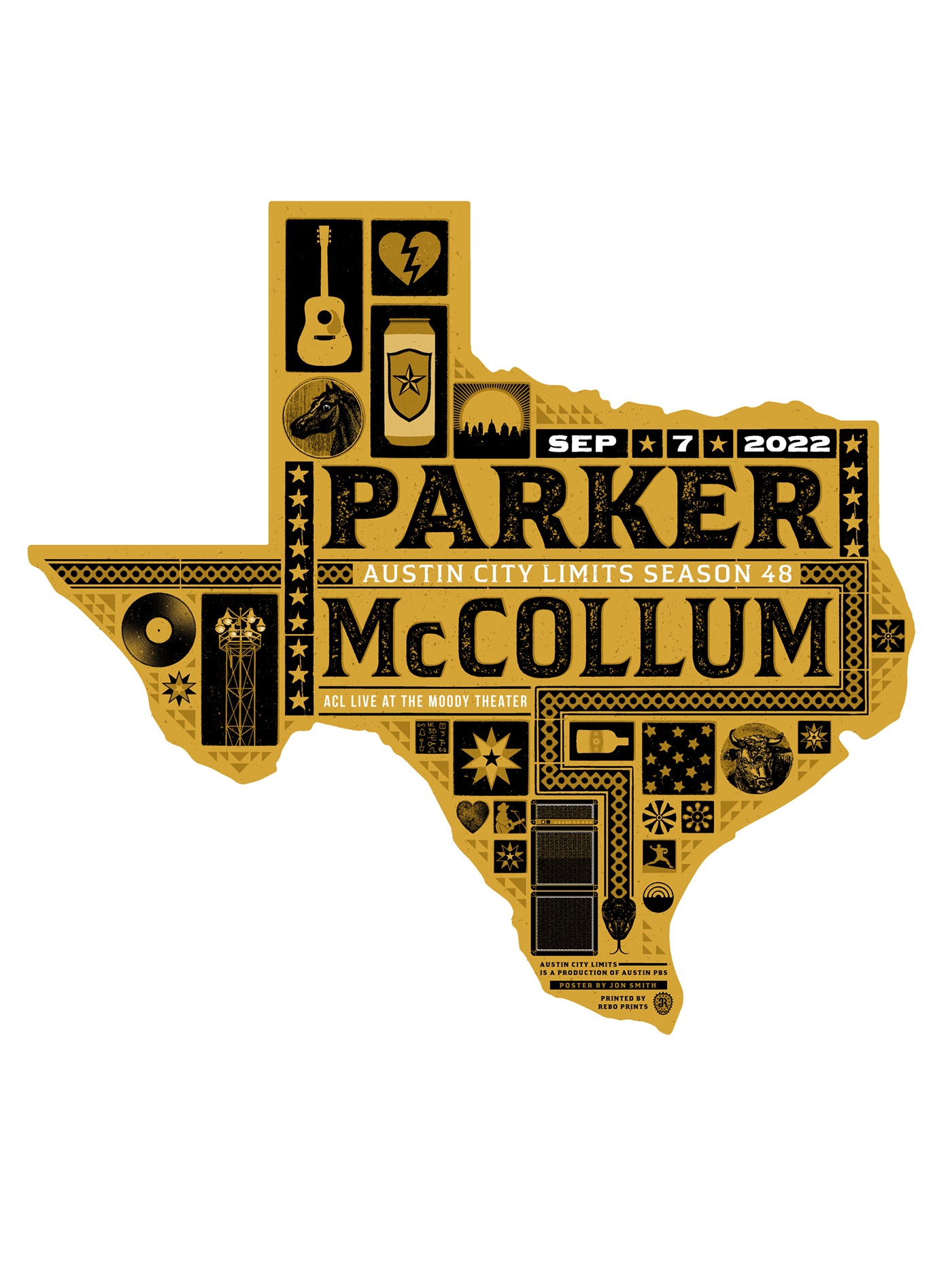 Decorative graphic of a state shape with 'Parker McCollum' text and various symbols on a white background