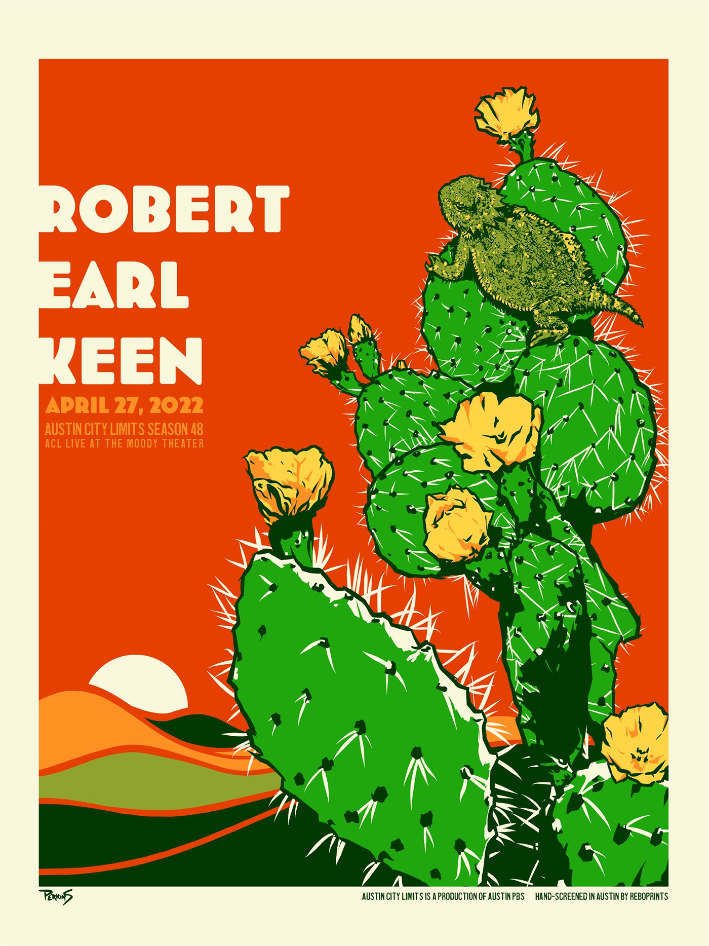 Poster for Robert Earl Keen concert featuring a cactus with flowers on an orange background