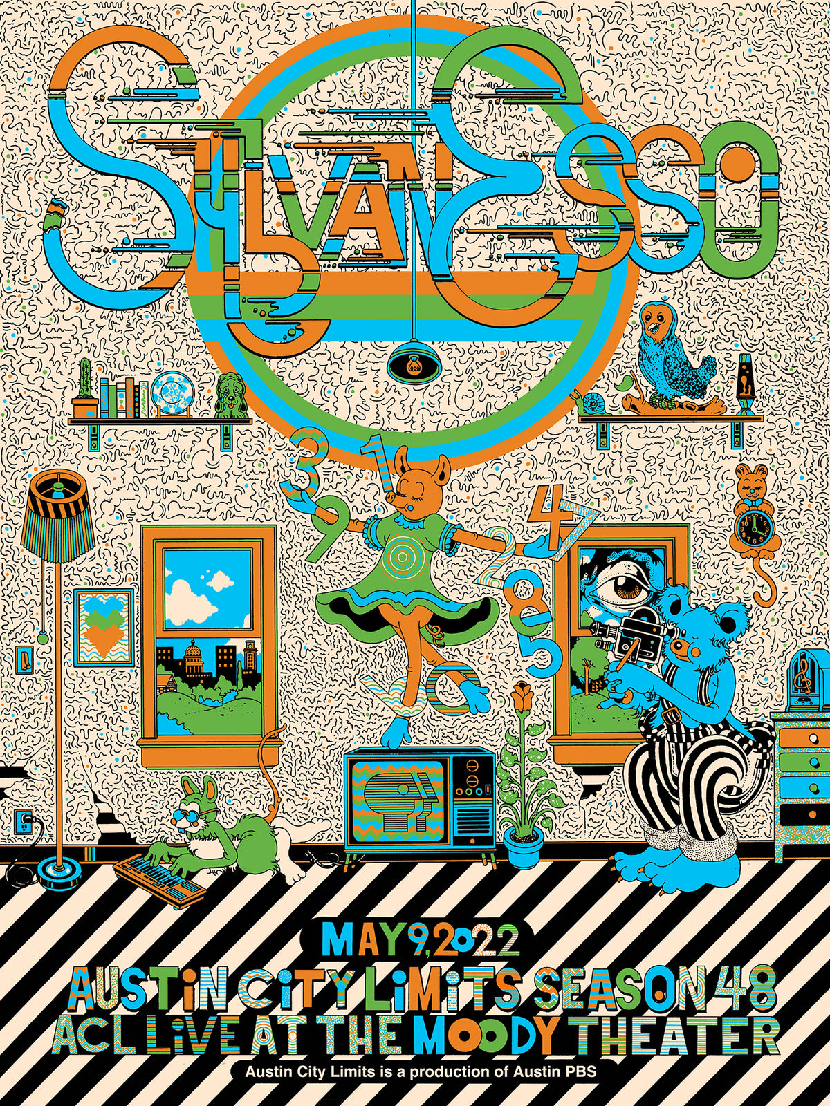 Colorful poster with text and graphics for a performance by Sylvan Esso at the Moody Theater in Austin, Texas.
