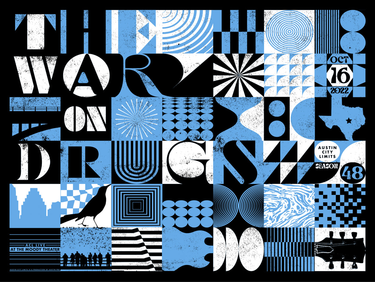 Geometric pattern with text and shapes in blue, black, and white on a black background. Poster for The War on Drugs ACL Taping