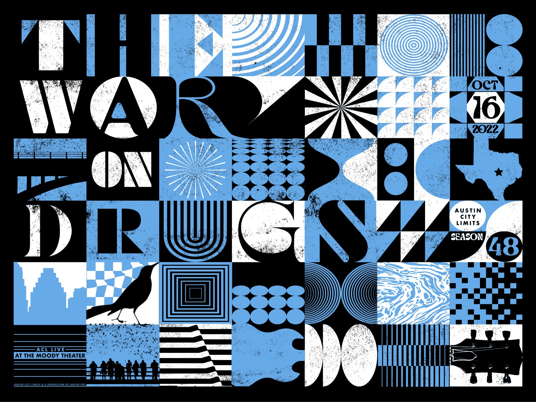 Geometric pattern with text and shapes in blue, black, and white on a black background. Poster for The War on Drugs ACL Taping