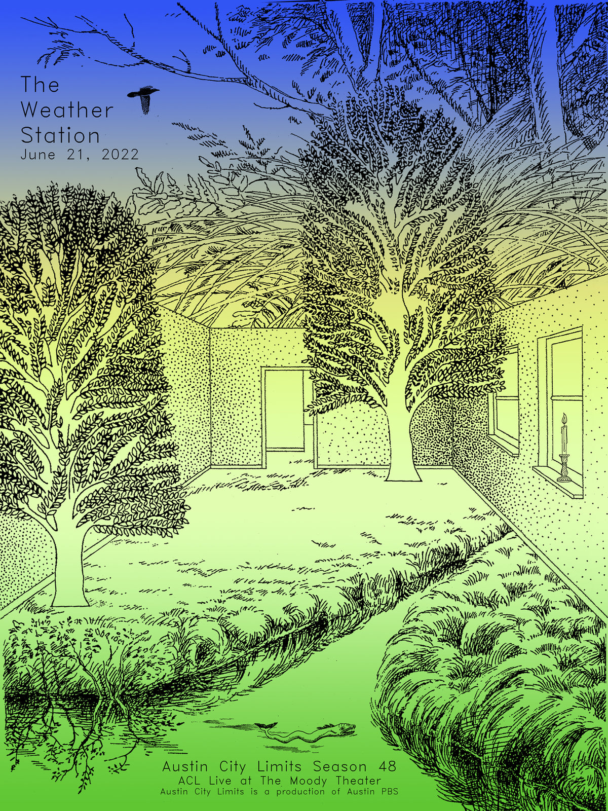 Illustration of a garden scene with trees and a building, featuring a blue and green color scheme. Poster for the Weather Station.