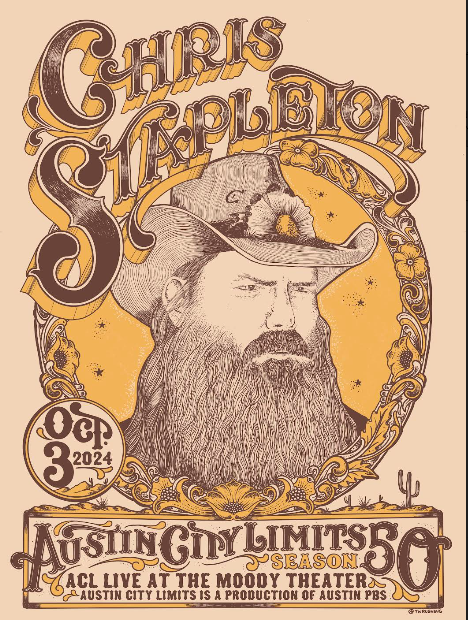 Limited edition screen printed poster featuring Chris Stapleton with a beard, wearing a hat, in a musty color palette, celebrating Austin City Limits.
