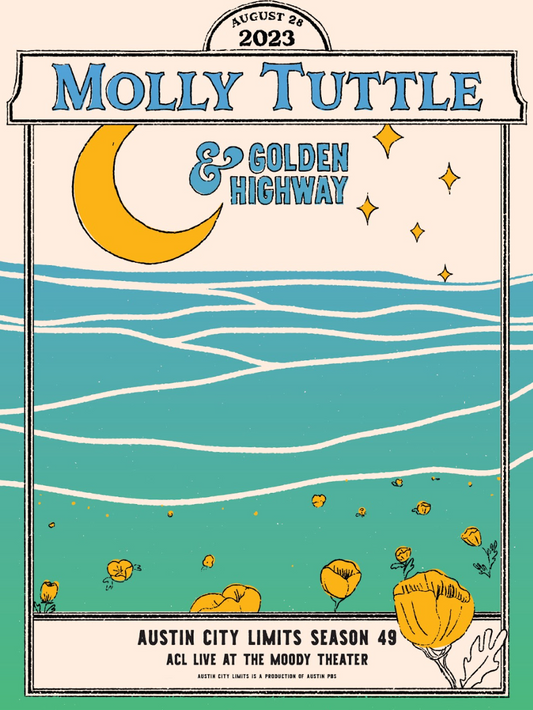 Promotional poster for Molly Tuttle & Golden Highway concert featuring a stylized landscape with flowers and moon.