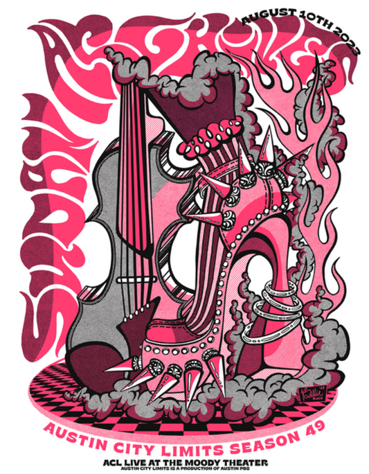 Illustrative poster with a guitar and abstract design elements on a pink background for Sudan Archives