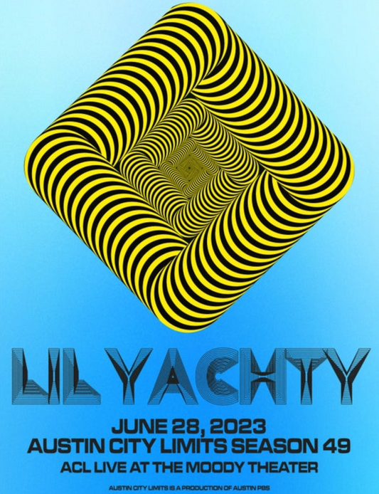 Promotional poster for Lil Yachty concert featuring a yellow and black pattern on a blue background.