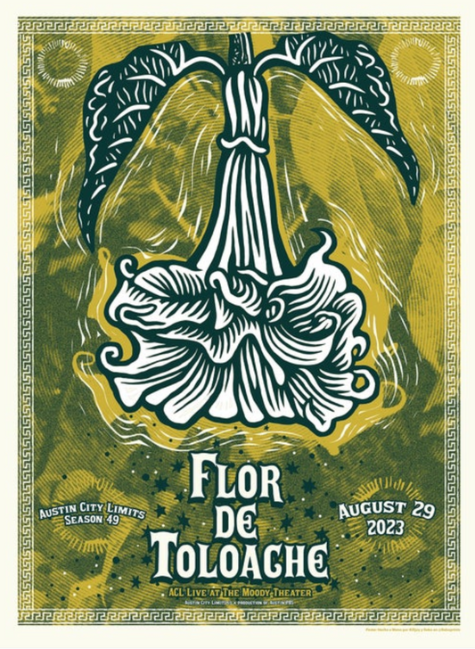 Flor de Toloache event poster with abstract design and text