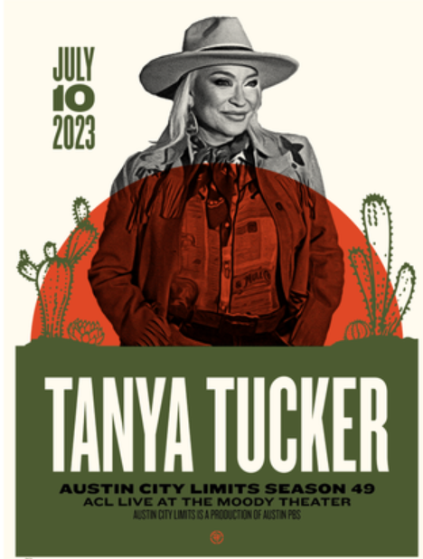 Promotional poster for Tanya Tucker concert featuring a woman in a cowboy hat and jacket with cacti and text about the event.