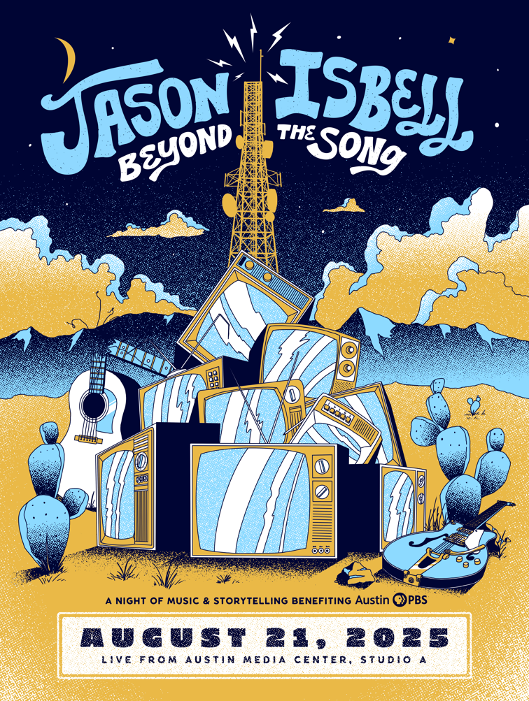 Promotional poster for Jason Isbell event titled 'Beyond the Song' with desert landscape and radio tower design.