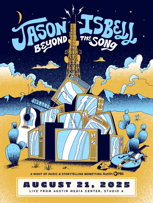 Promotional poster for Jason Isbell event titled 'Beyond the Song' with desert landscape and radio tower design.
