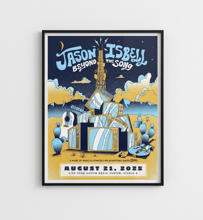Framed poster for Jason Isbell event with artistic design and text.