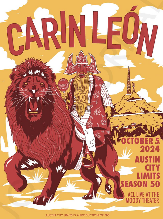 Promotional poster for 'Carin Leon' with a lion and person in traditional attire on a yellow background.