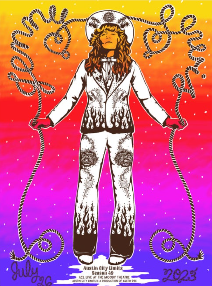 Illustration of Jenny Lewis in a white outfit with flames on a colorful background, featuring text and design elements.
