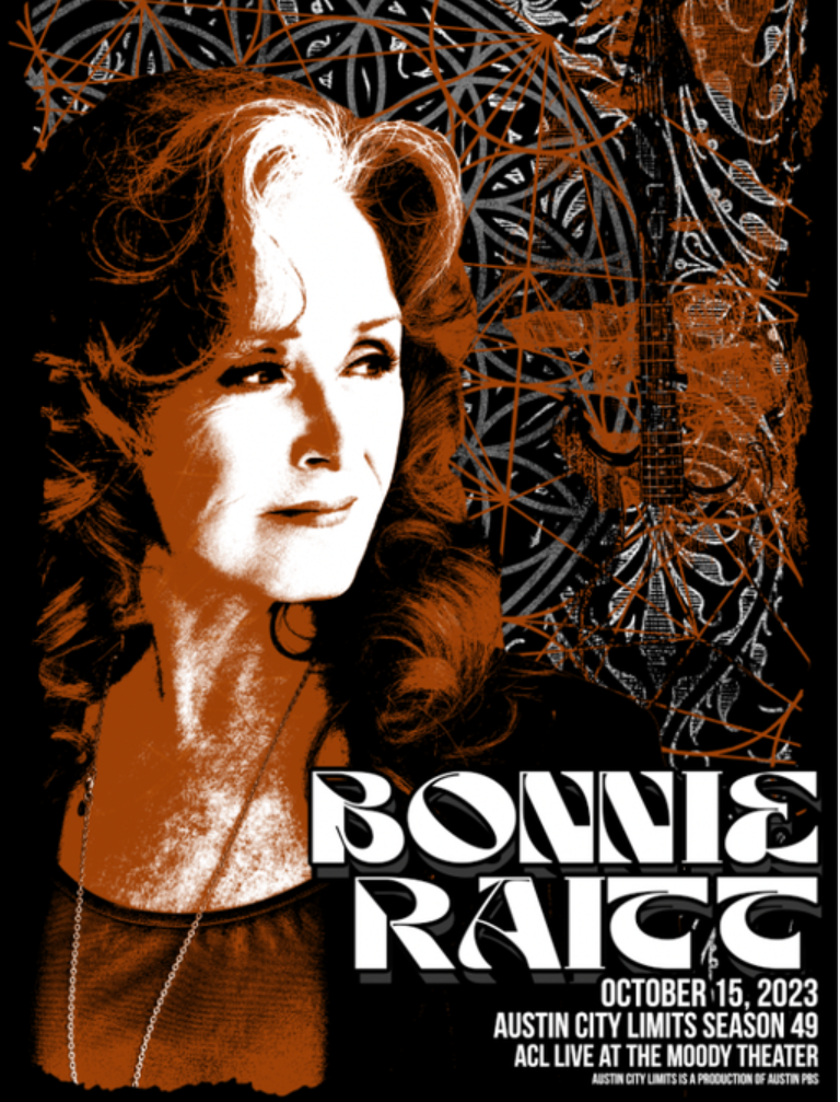 Poster of Bonnie Raitt with a stylized guitar design in the background