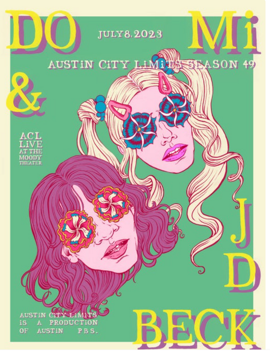 Poster with two stylized faces and colorful text on a green background. Artist is DoMi & JDBeck