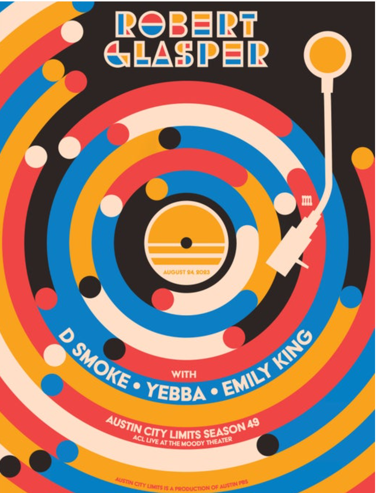Colorful poster for a music event featuring Robert Glasper, D Smoke, Yebba, and Emily King.