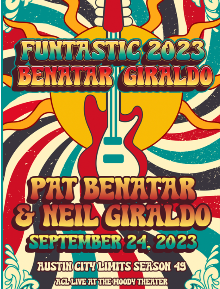 Colorful concert poster for Pat Benatar & Neil Giraldo's 'Funtastic 2023' featuring a guitar illustration.