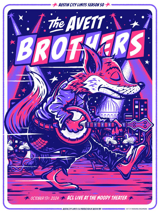 Promotional poster for The Avett Brothers concert featuring a stylized fox playing a banjo.