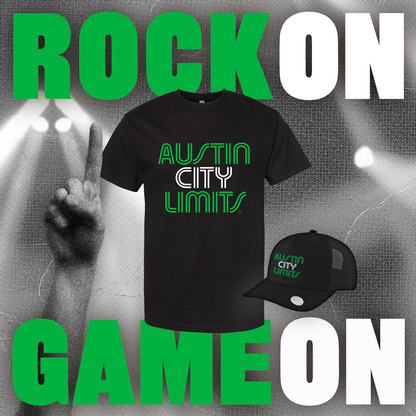 Black t-shirt with 'Austin City Limits' text in verde green and white with matching cap on a stage background with 'Rock On' and 'Game On' text to celebrate Texas gameday!