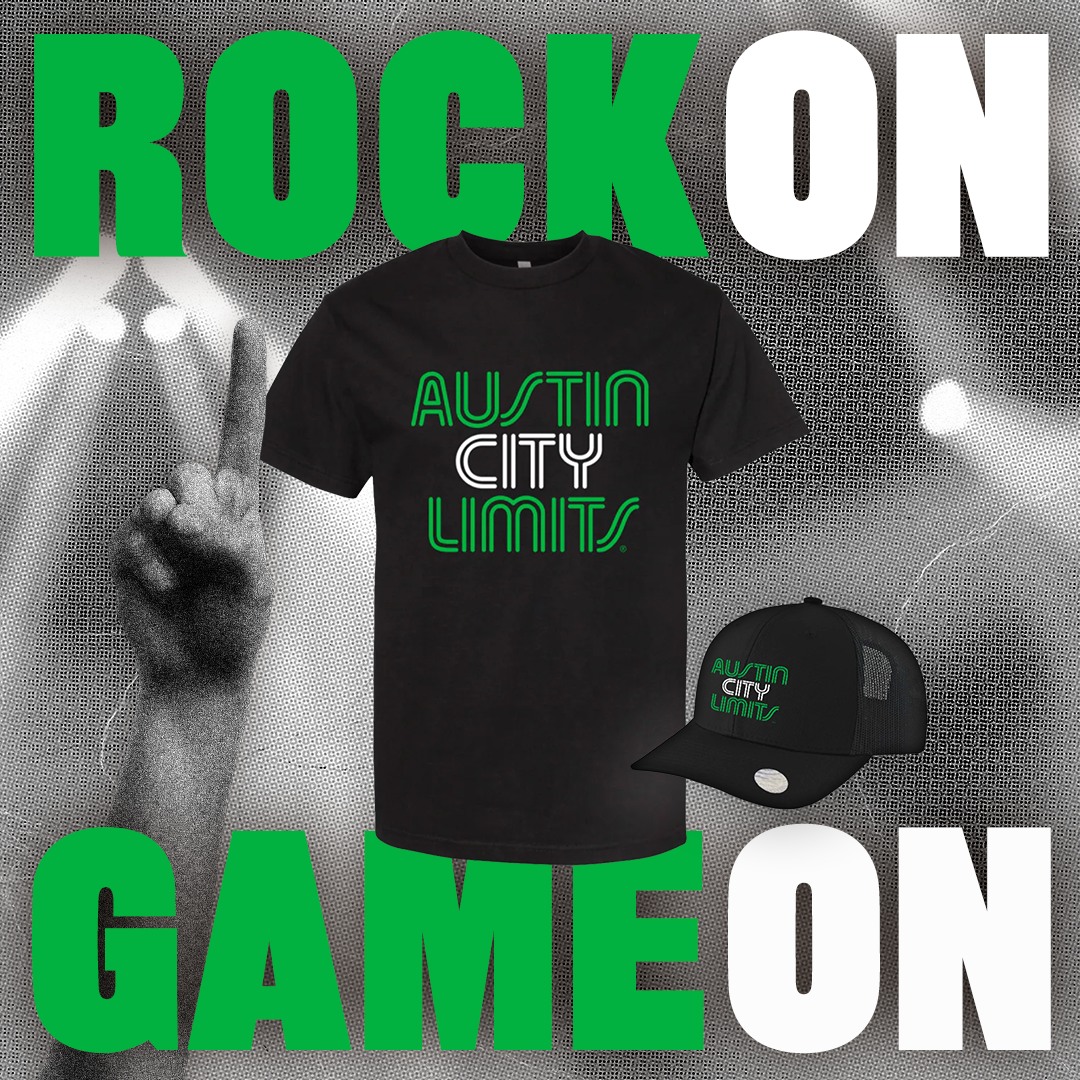 Black t-shirt with 'Austin City Limits' text in verde green and white with matching cap on a stage background with 'Rock On' and 'Game On' text to celebrate Texas gameday!