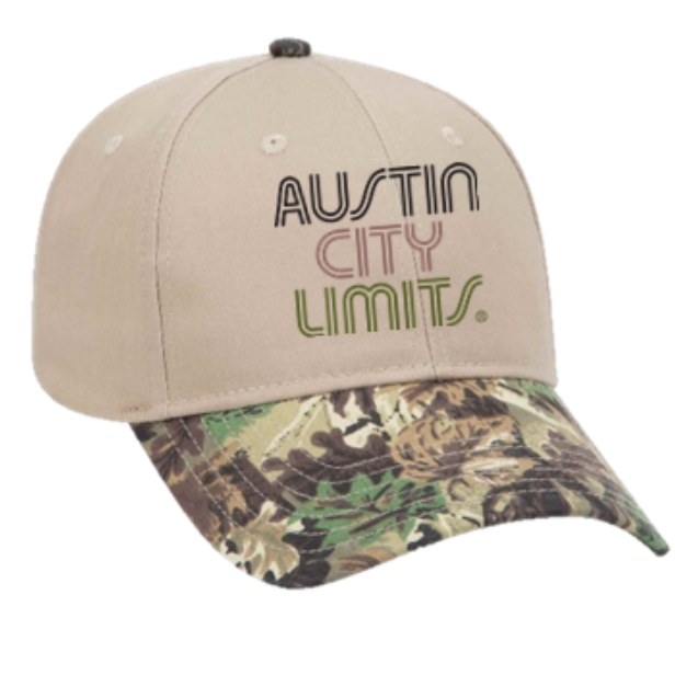Beige and camouflage baseball cap with 'Austin City Limits' text on a white background