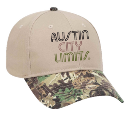 Beige and camouflage baseball cap with 'Austin City Limits' text on a white background