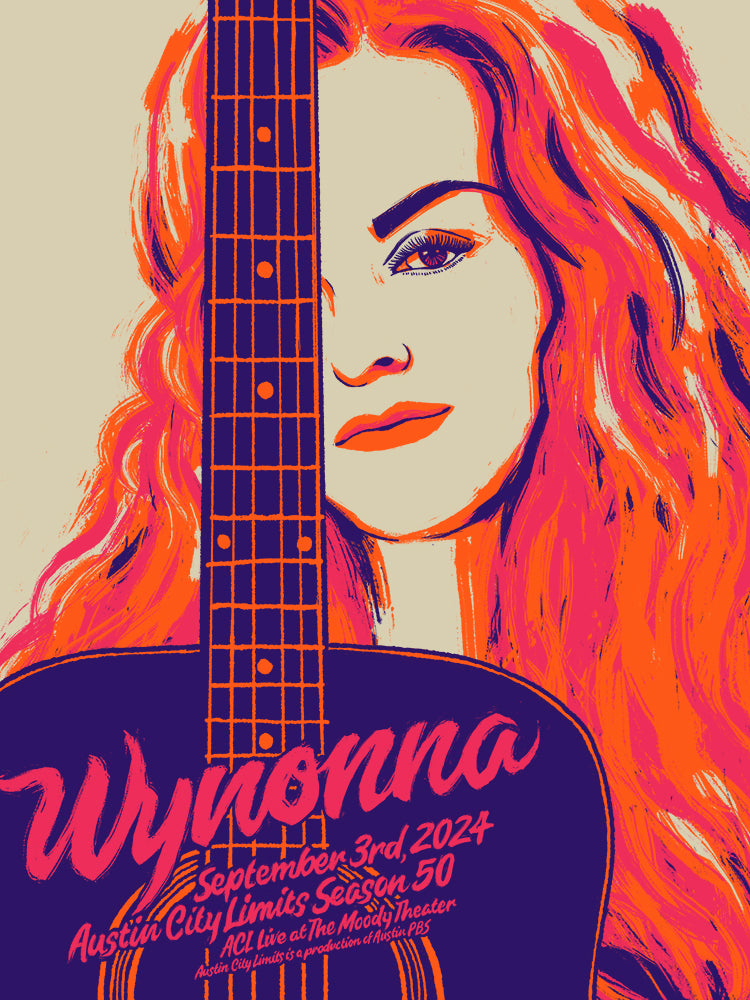 A screen printed poster featuring a stylized illustration of a Wynonna with a guitar, representing the artist Wynonna, in shades of red and orange.