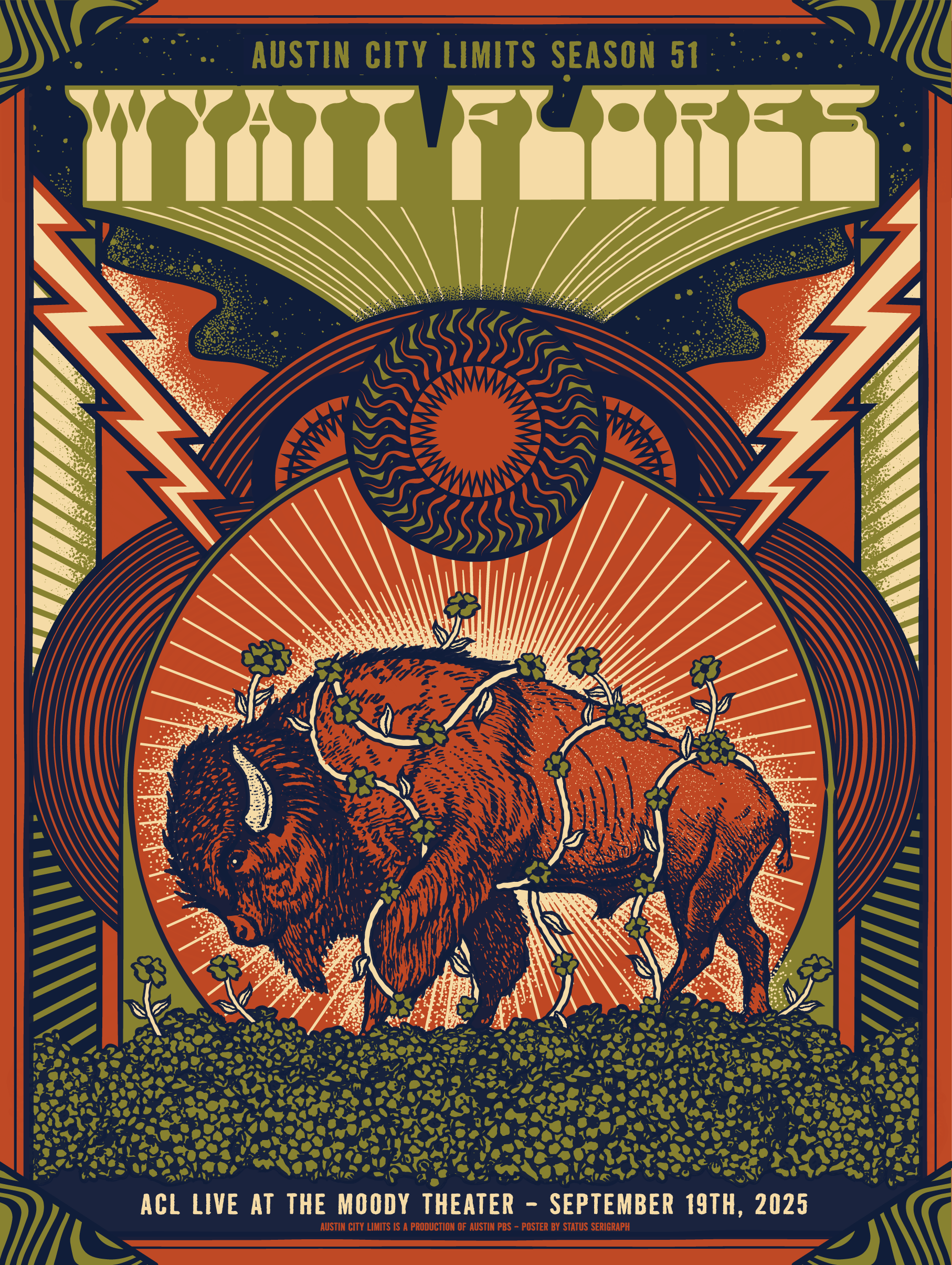 Promotional poster for Austin City Limits with a bison illustration and event for Wyatt Flores