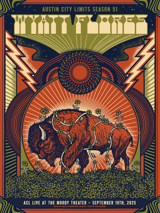 Promotional poster for Austin City Limits with a bison illustration and event for Wyatt Flores