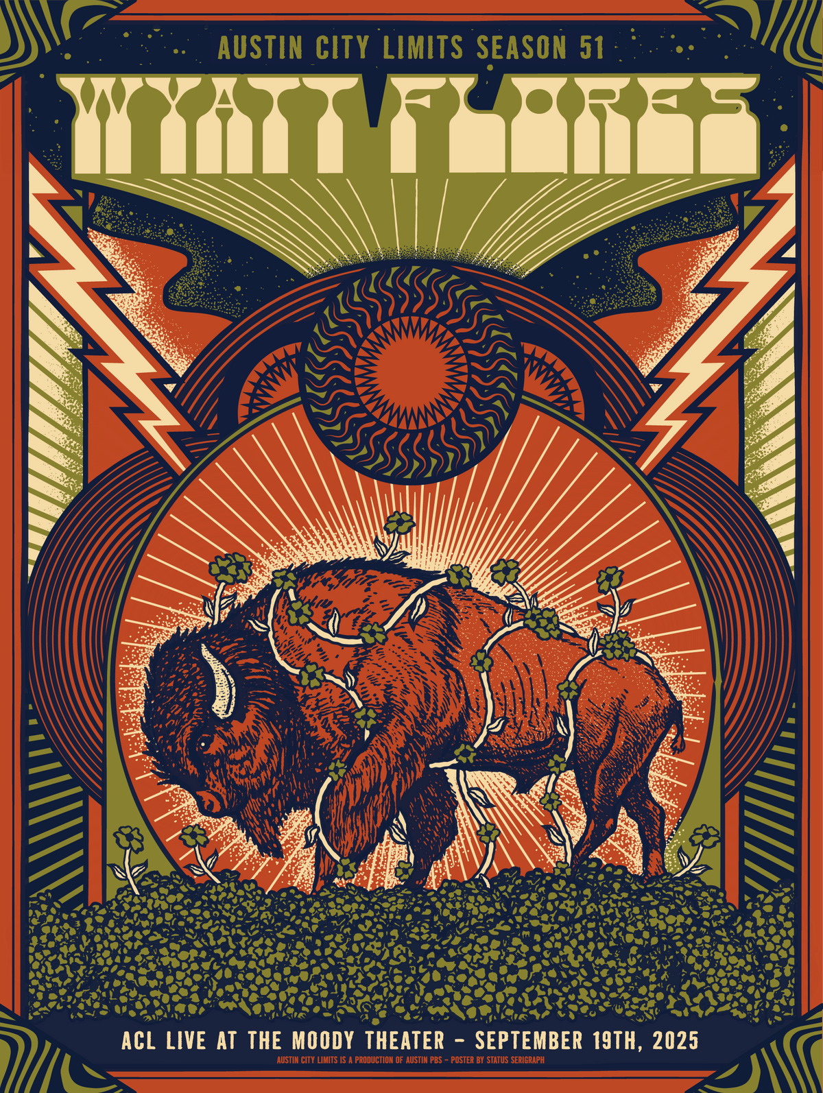 Promotional poster for Austin City Limits with a bison illustration and event for Wyatt Flores