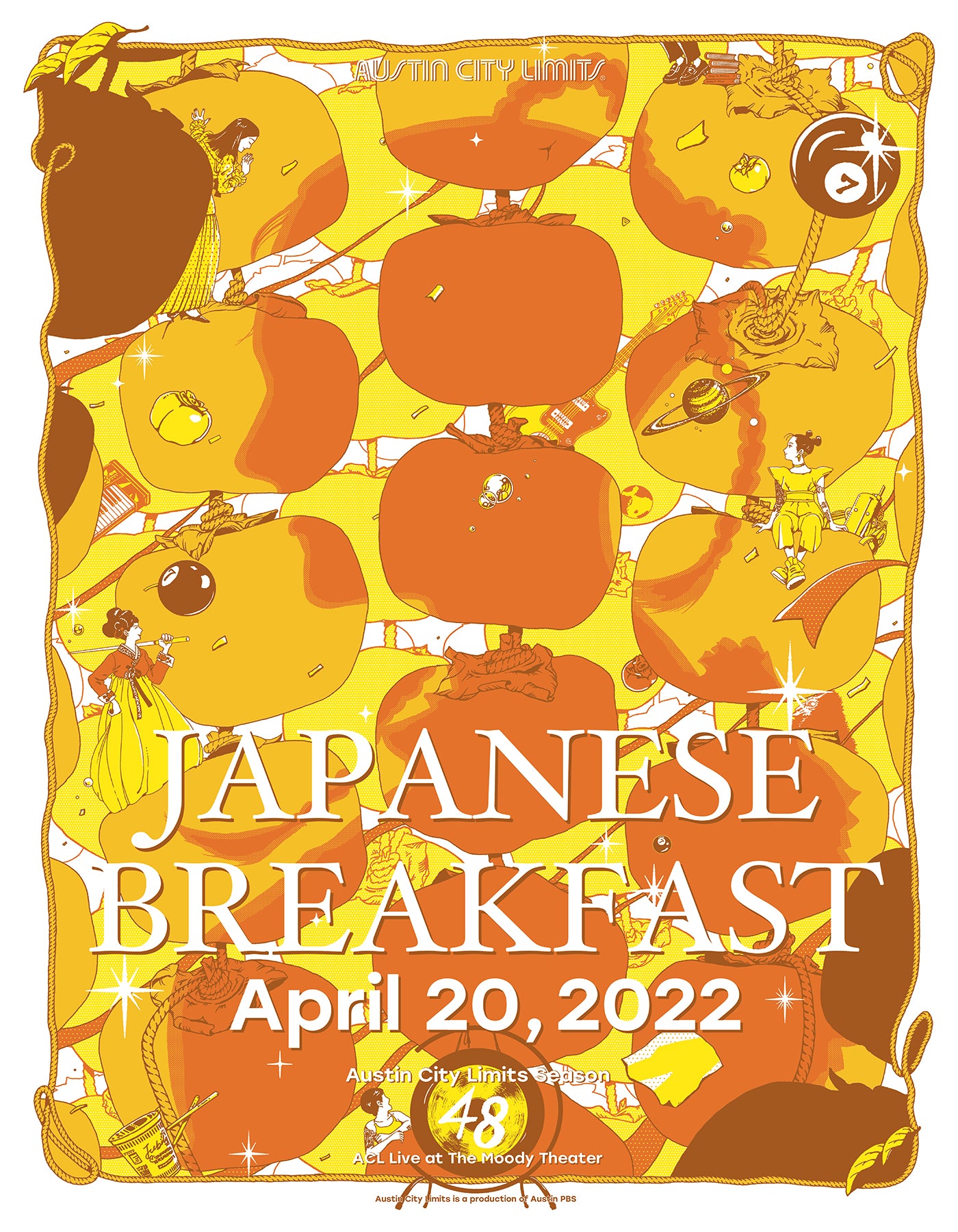 Promotional poster for Japanese Breakfast concert featuring pumpkins and abstract designs on a yellow background.
