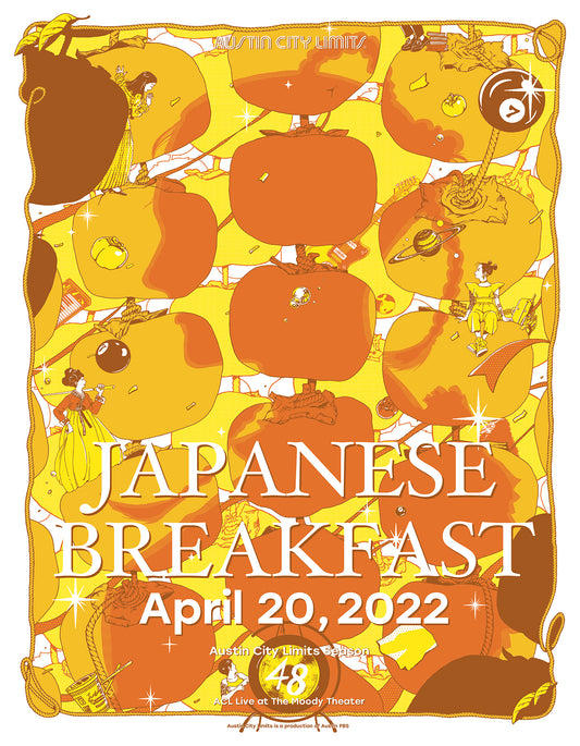 Promotional poster for Japanese Breakfast concert featuring pumpkins and abstract designs on a yellow background.