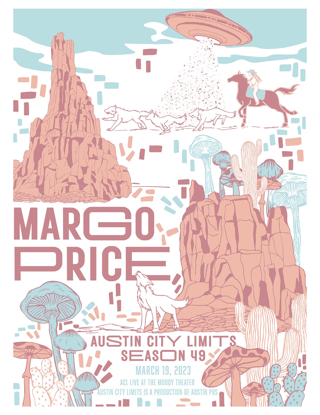 Illustrated poster for Margo Price at Austin City Limits with desert landscape elements.