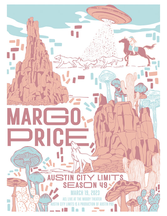 Illustrated poster for Margo Price at Austin City Limits with desert landscape elements.