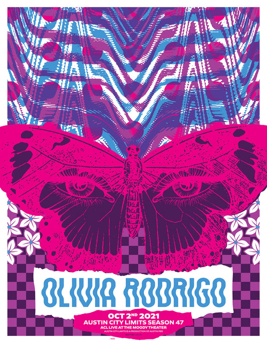 Promotional poster for Olivia Rodrigo with abstract design and butterfly illustration
