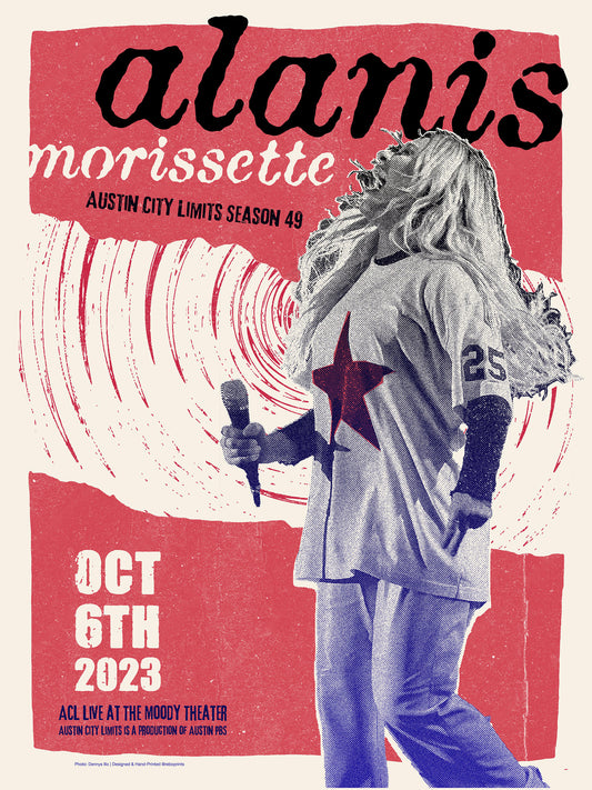 alanis morissette concert poster on red background