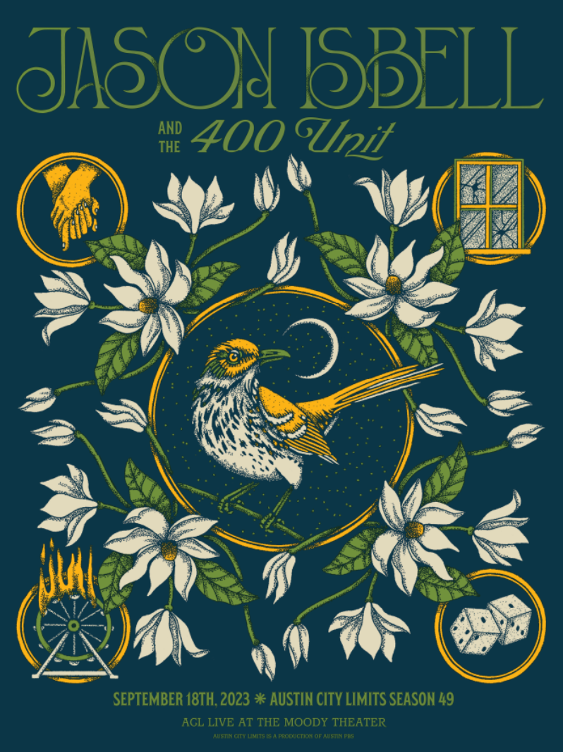 Promotional poster for Jason Isbell and the 400 Unit concert featuring a bird, flowers, and decorative elements on a dark blue background.