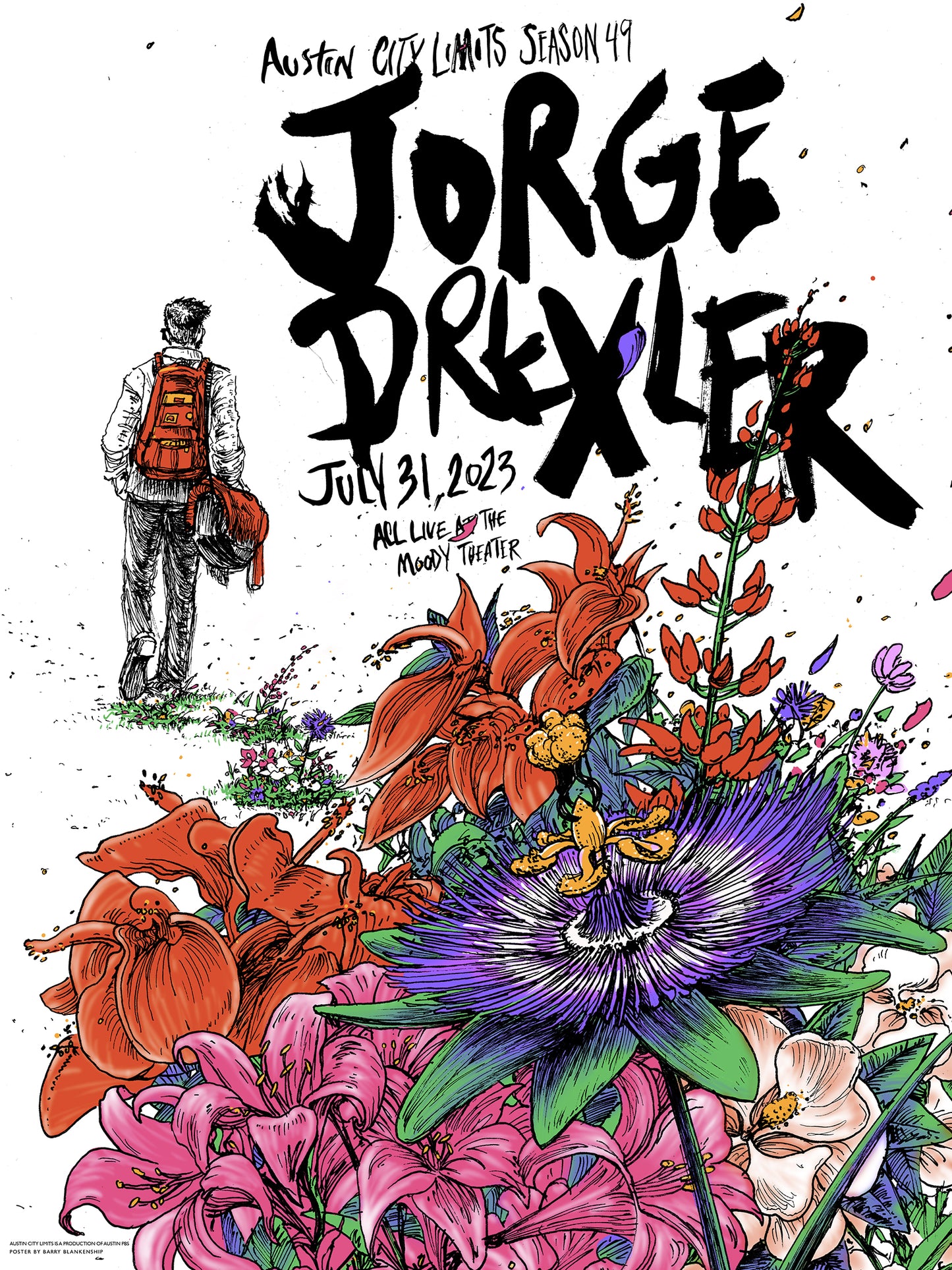 Promotional poster for Jorge Drexler concert featuring a person with a backpack and vibrant flowers.