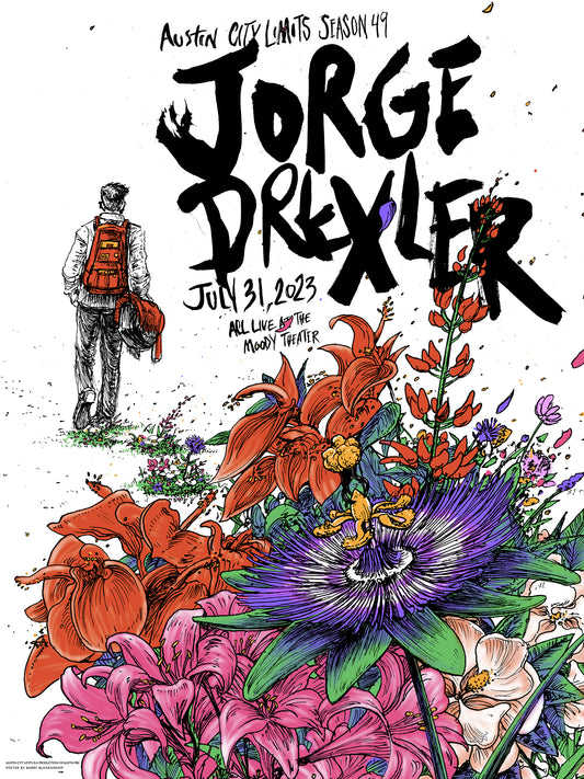 Promotional poster for Jorge Drexler concert featuring a person with a backpack and vibrant flowers.