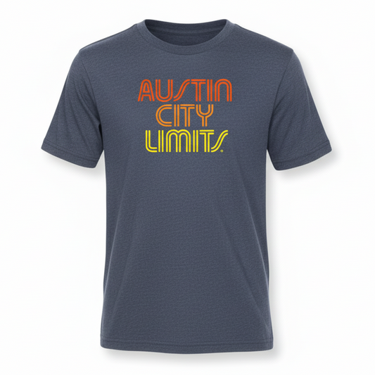 Blue t-shirt with 'Austin City Limits' text in Orange and Yellow