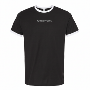 Black unisex ringer t-shirt with white ACL logo at the neck and armholes.