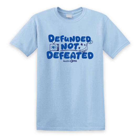 blue tee shirt with defunded not defeated text
