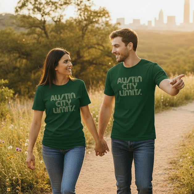 Green t-shirt with 'Austin City Limits' text on with the Austin TX Skyline in background