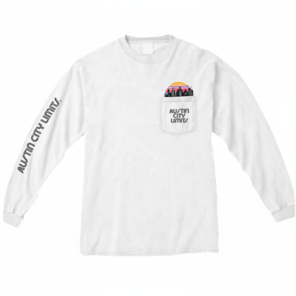 A white long sleeve t-shirt with a pocket on the chest featuring the Austin City Limits logo and a peek-a-boo Austin skyline graphic on the pocket.