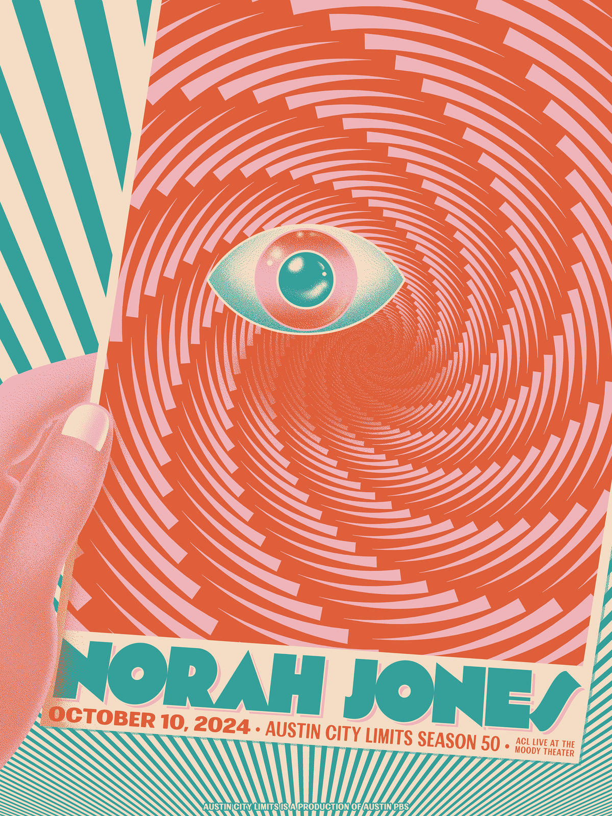 Limited edition screen printed poster featuring Norah Jones, with a stylized eye and geometric patterns in orange, green, and white.