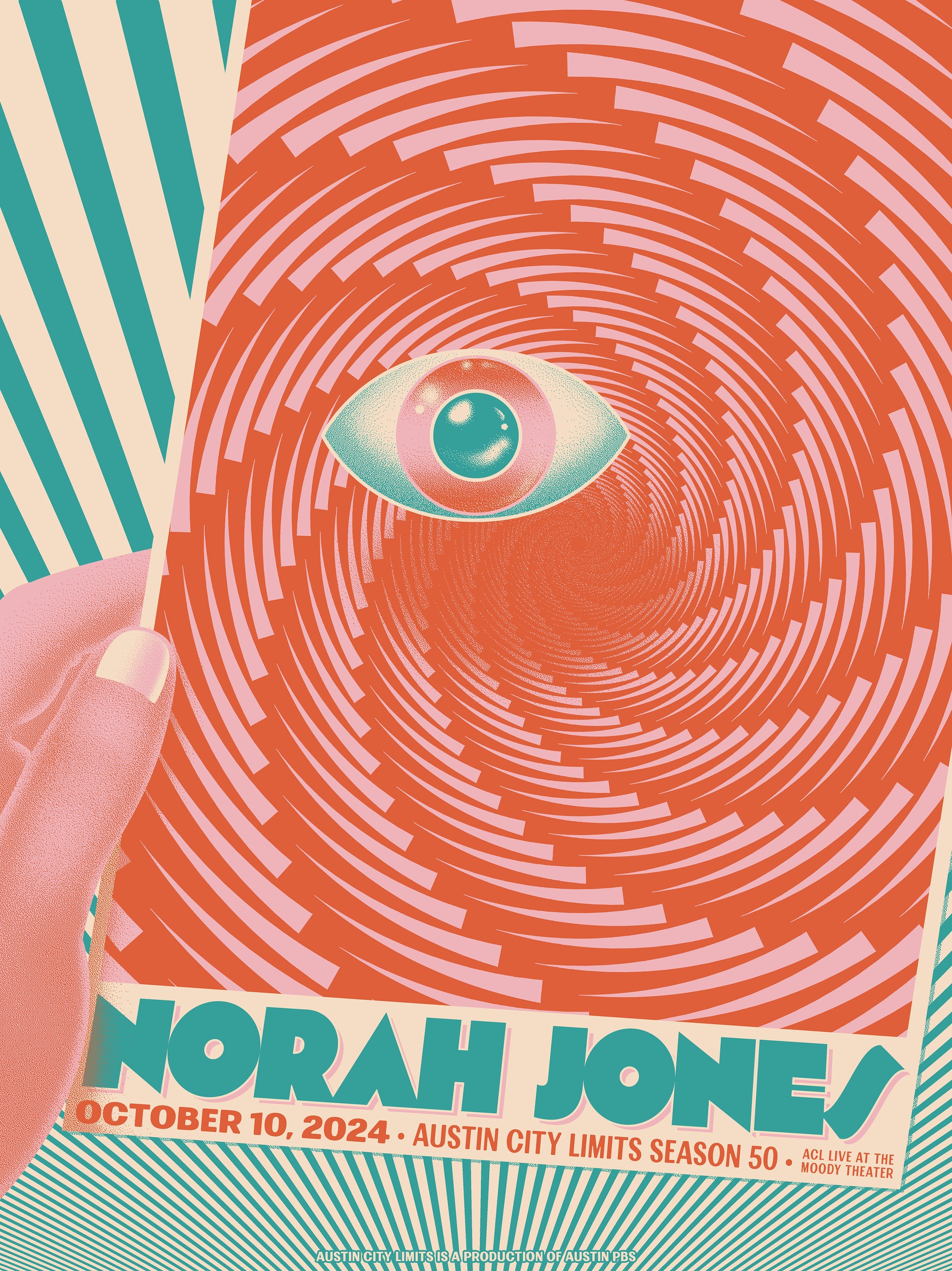 Limited edition screen printed poster featuring Norah Jones, with a stylized eye and geometric patterns in orange, green, and white.