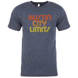 A vintage navy unisex T-shirt with the Austin City Limits logo in red, orange, and yellow text on the front.