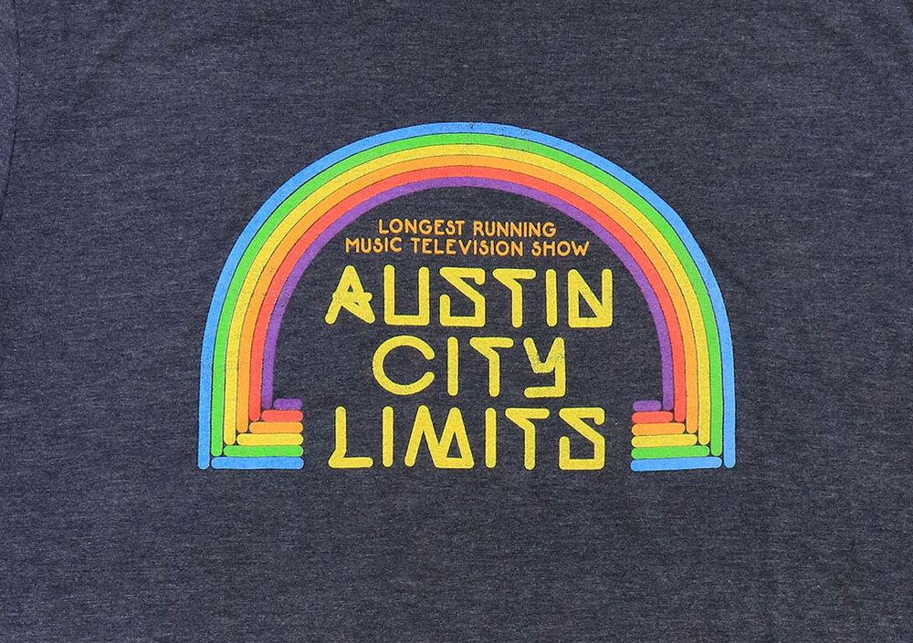 Navy Unisex T-Shirt with "Longest Running Music Television Show" Rainbow