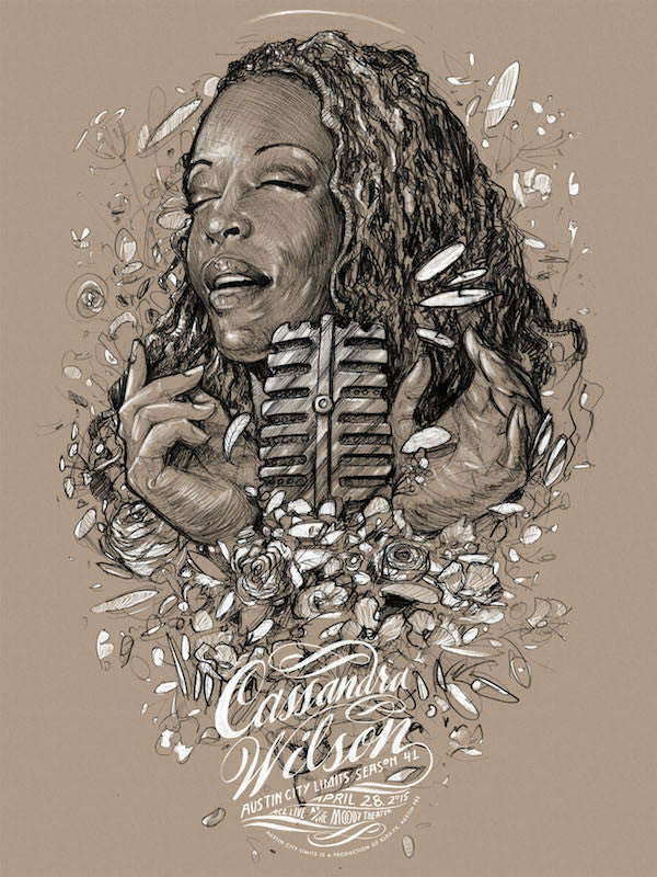 A screen print image featuring a woman with a microphone, surrounded by floral elements and the text 'CASSANDRA WILSON SEASON 41'.
