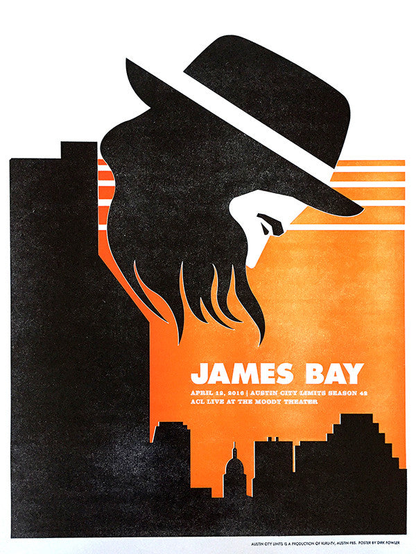 James Bay Poster for Austin CIty Limits. orange Skyline and man with hat is featured 